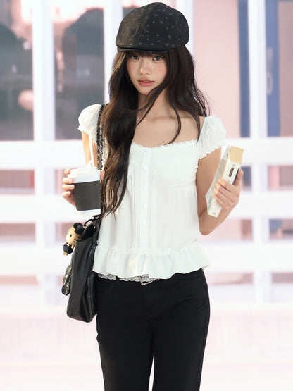 "Pure Arrival" White Square Neck Puff Sleeve Blouse