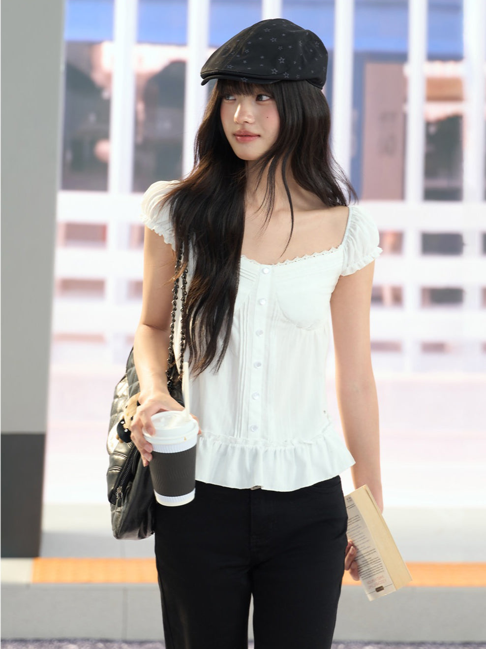 "Pure Arrival" White Square Neck Puff Sleeve Blouse
