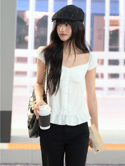 "Pure Arrival" White Square Neck Puff Sleeve Blouse