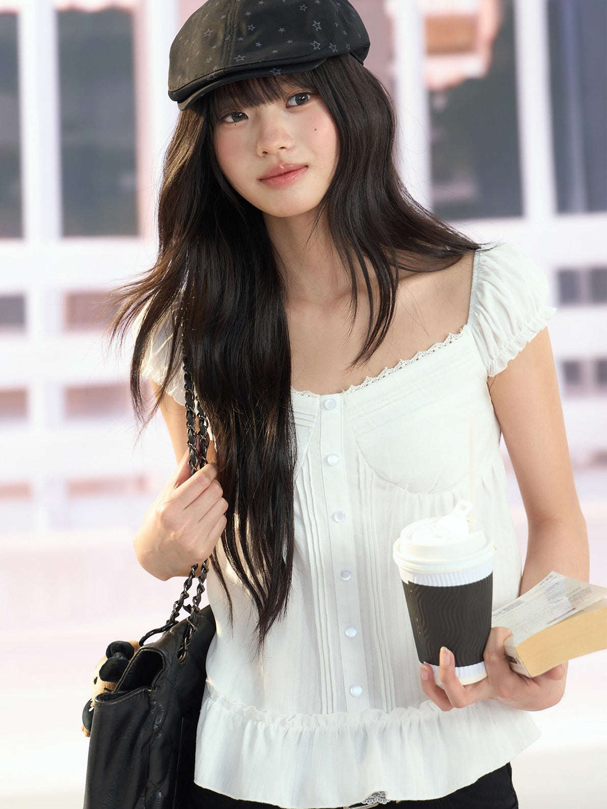 "Pure Arrival" White Square Neck Puff Sleeve Blouse