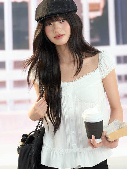 "Pure Arrival" White Square Neck Puff Sleeve Blouse