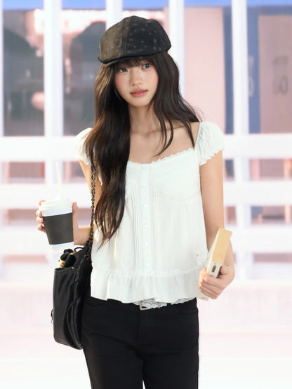 "Pure Arrival" White Square Neck Puff Sleeve Blouse
