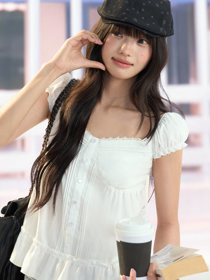 "Pure Arrival" White Square Neck Puff Sleeve Blouse
