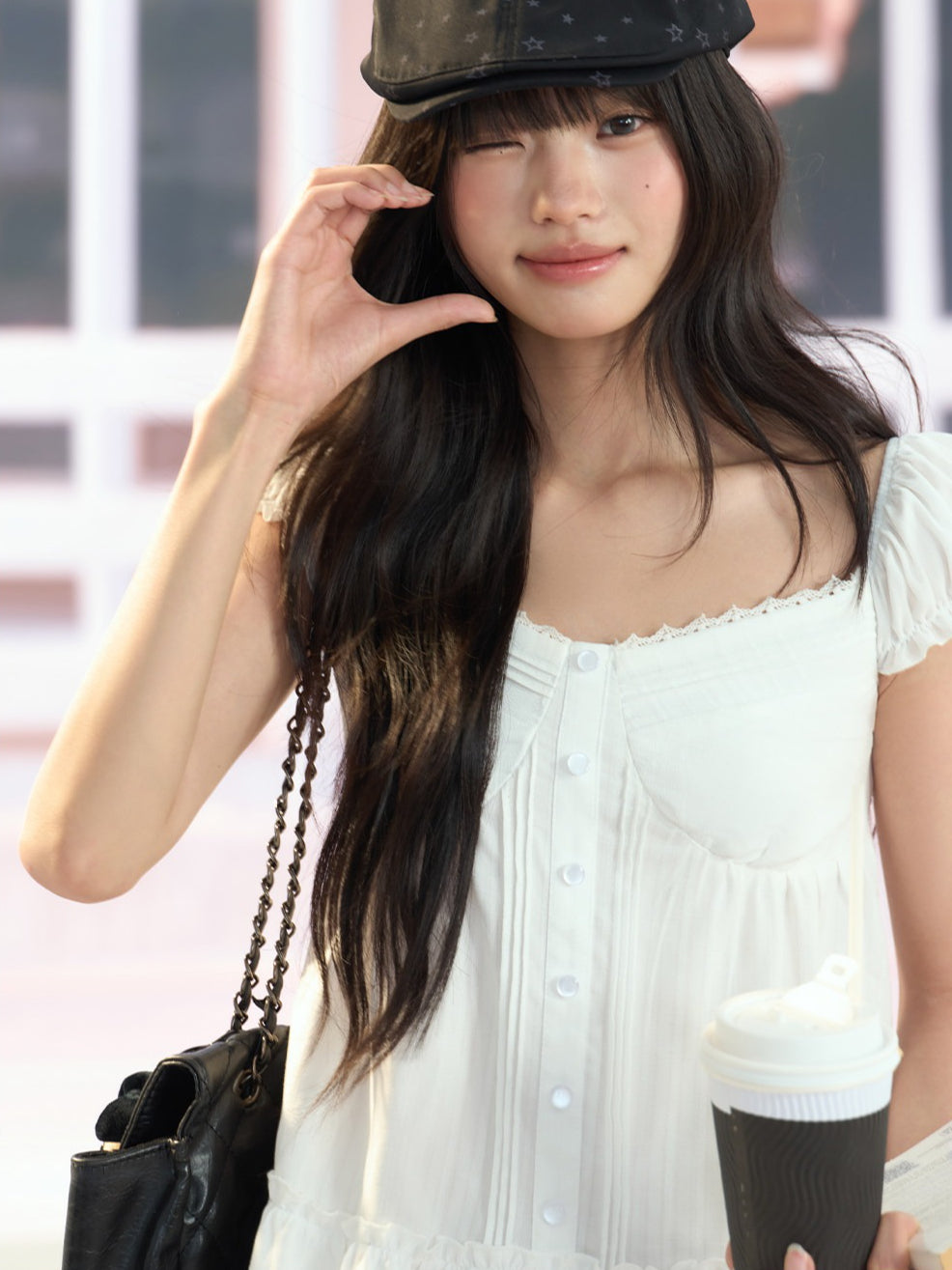 "Pure Arrival" White Square Neck Puff Sleeve Blouse