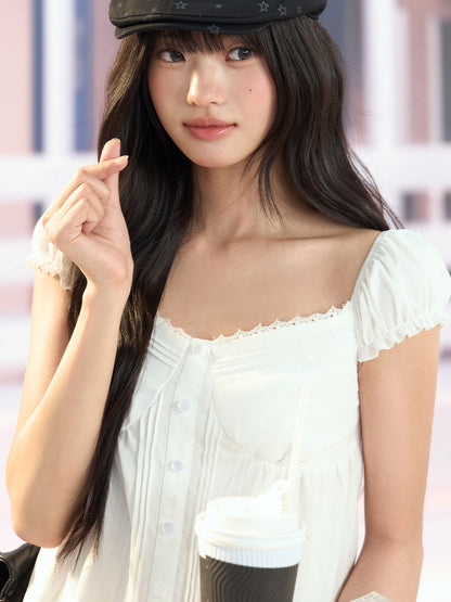 "Pure Arrival" White Square Neck Puff Sleeve Blouse