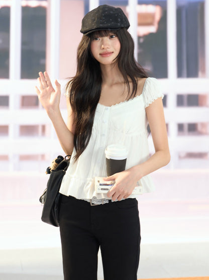 "Pure Arrival" White Square Neck Puff Sleeve Blouse