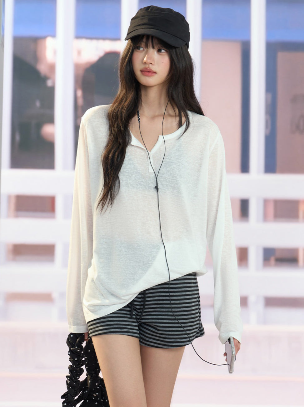 "Easy Transit" White Henley Sun Cover Long Sleeve Top