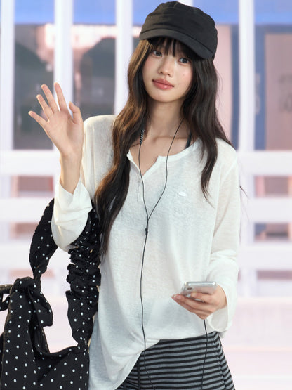 "Easy Transit" White Henley Sun Cover Long Sleeve Top
