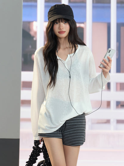 "Easy Transit" White Henley Sun Cover Long Sleeve Top