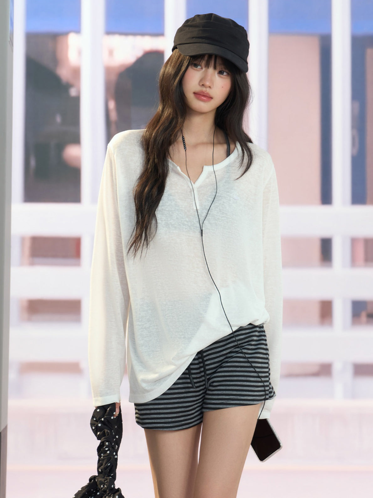 "Easy Transit" White Henley Sun Cover Long Sleeve Top