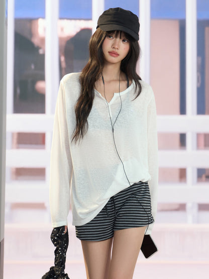 "Easy Transit" White Henley Sun Cover Long Sleeve Top