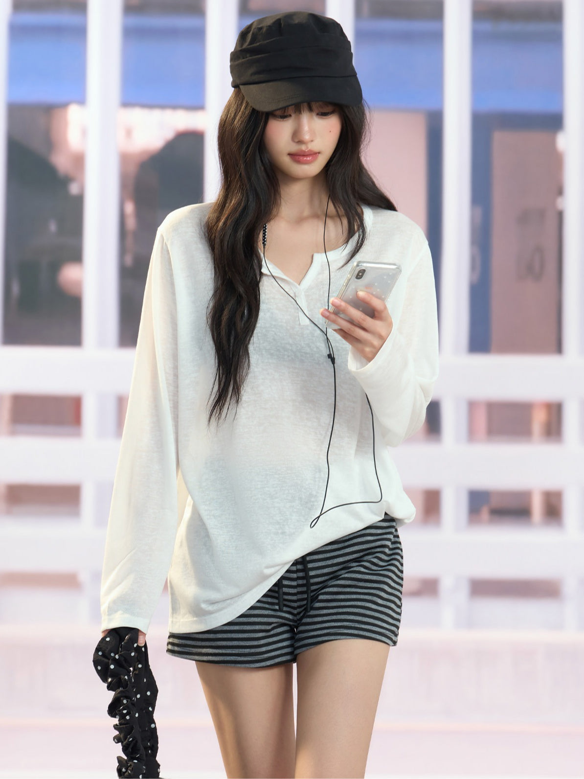 "Easy Transit" White Henley Sun Cover Long Sleeve Top