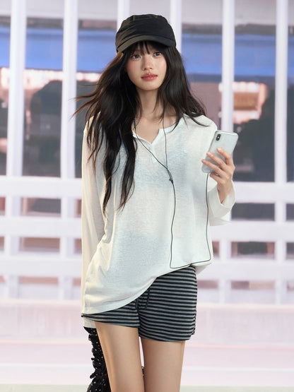 "Easy Transit" White Henley Sun Cover Long Sleeve Top