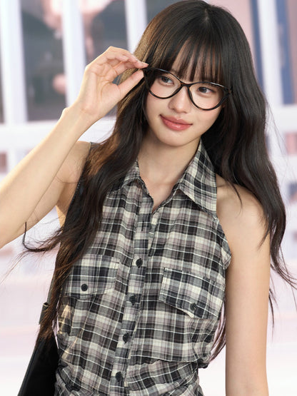 "Vintage Voyage" Gray Plaid Halter Sleeveless Shirt