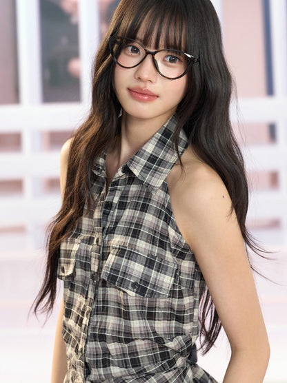 "Vintage Voyage" Gray Plaid Halter Sleeveless Shirt