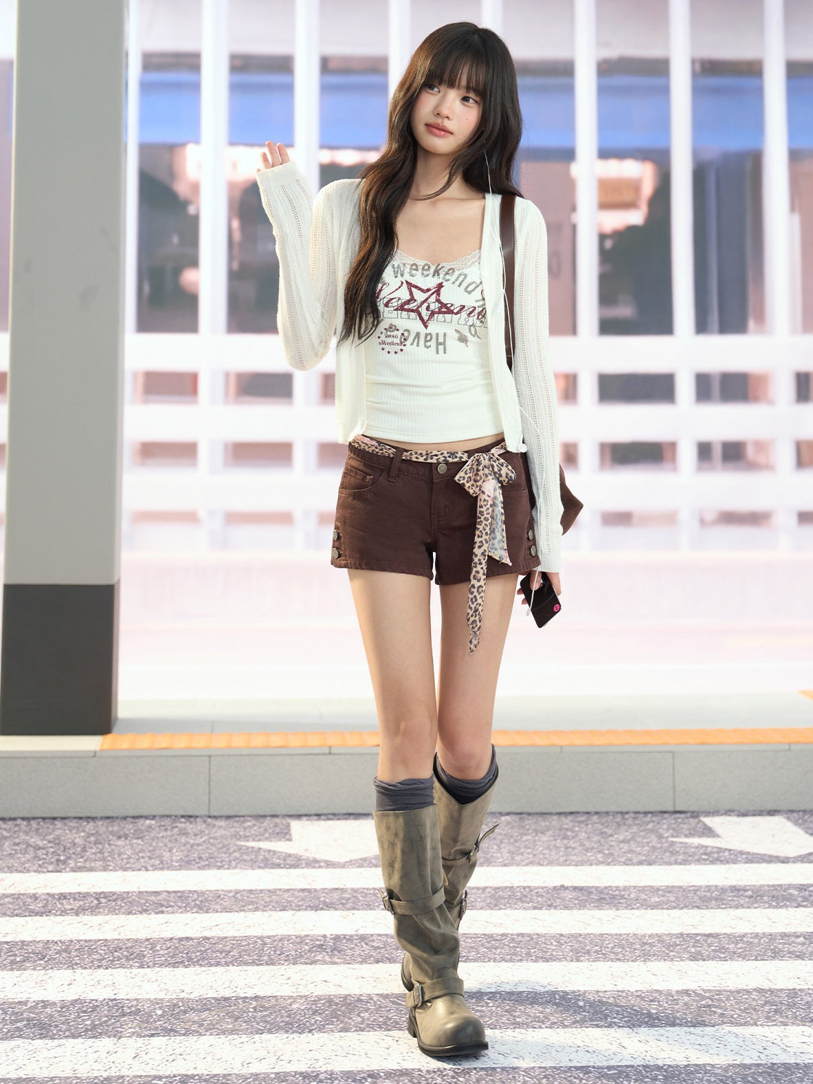 "Desert Departure" Dark Brown Denim Shorts (Includes Leopard Scarf Belt)
