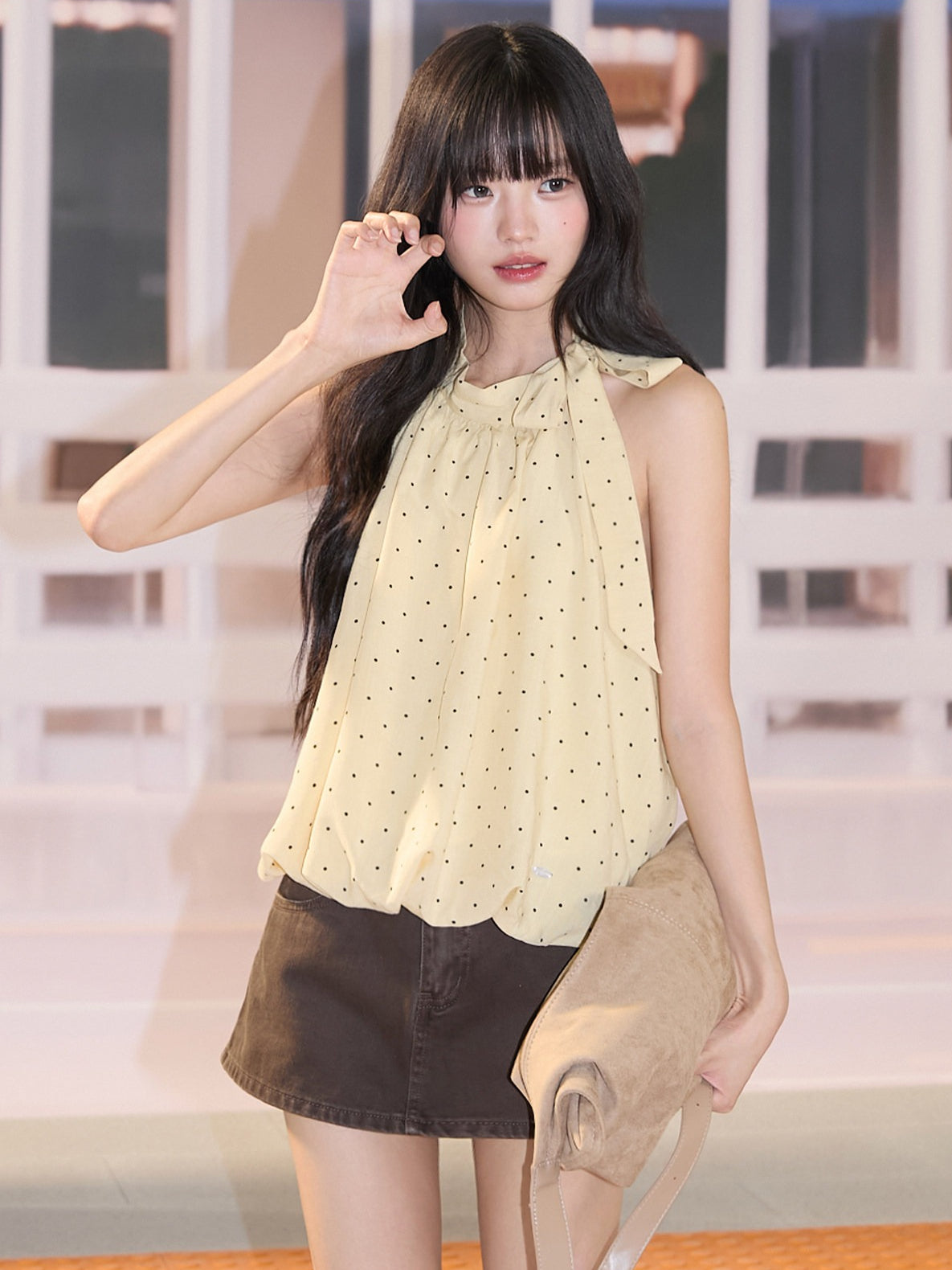 "Golden Departure" Yellow Polka Dot Halter Babydoll Top