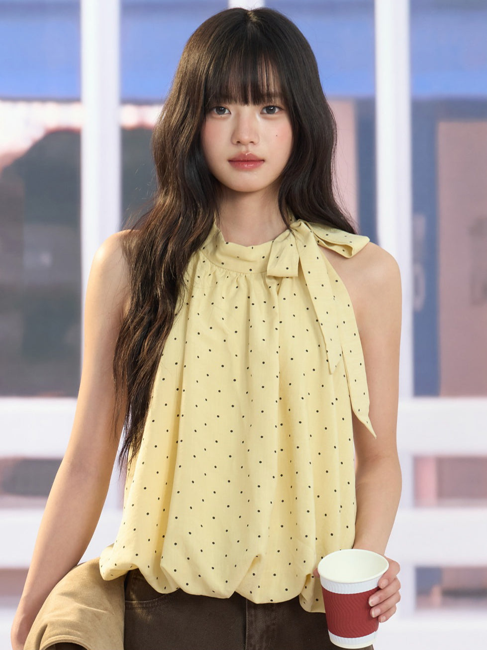 "Golden Departure" Yellow Polka Dot Halter Babydoll Top