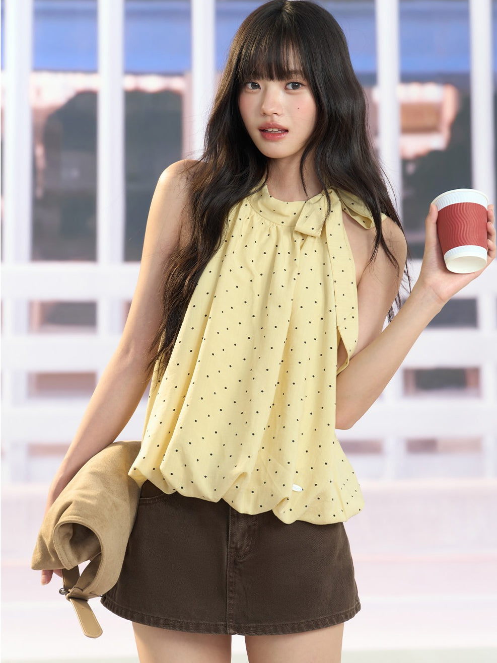 "Golden Departure" Yellow Polka Dot Halter Babydoll Top