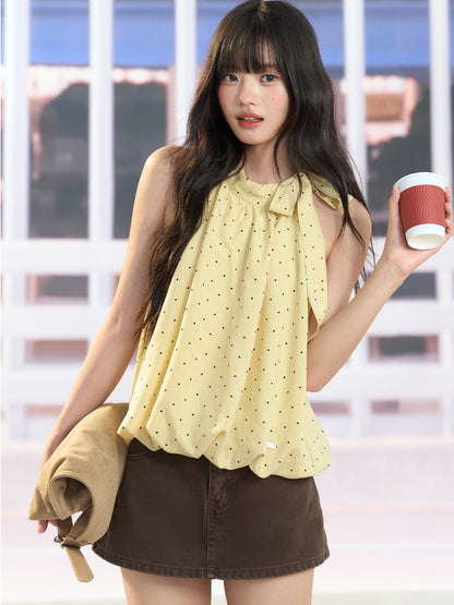 "Golden Departure" Yellow Polka Dot Halter Babydoll Top