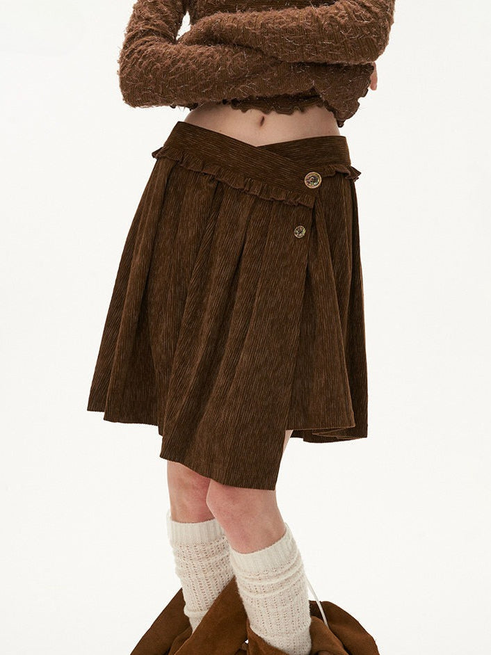 MAMC - Brown Asymmetric Waist Pleated Mini Skirt