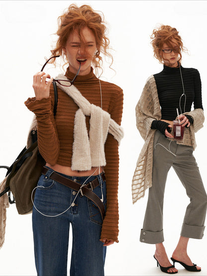 MAMC - Ribbed High-Neck Fitted Long-Sleeve Top (Black / Brown)