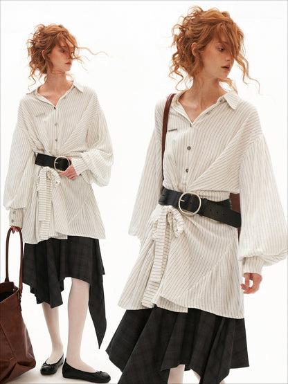 MAMC - White Striped Wrap Lantern-Sleeve Shirt