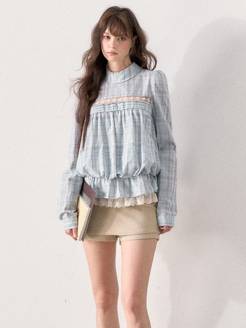 [TMMG] French Vintage Plaid Lace Ruffle Blouse (Blue Plaid)