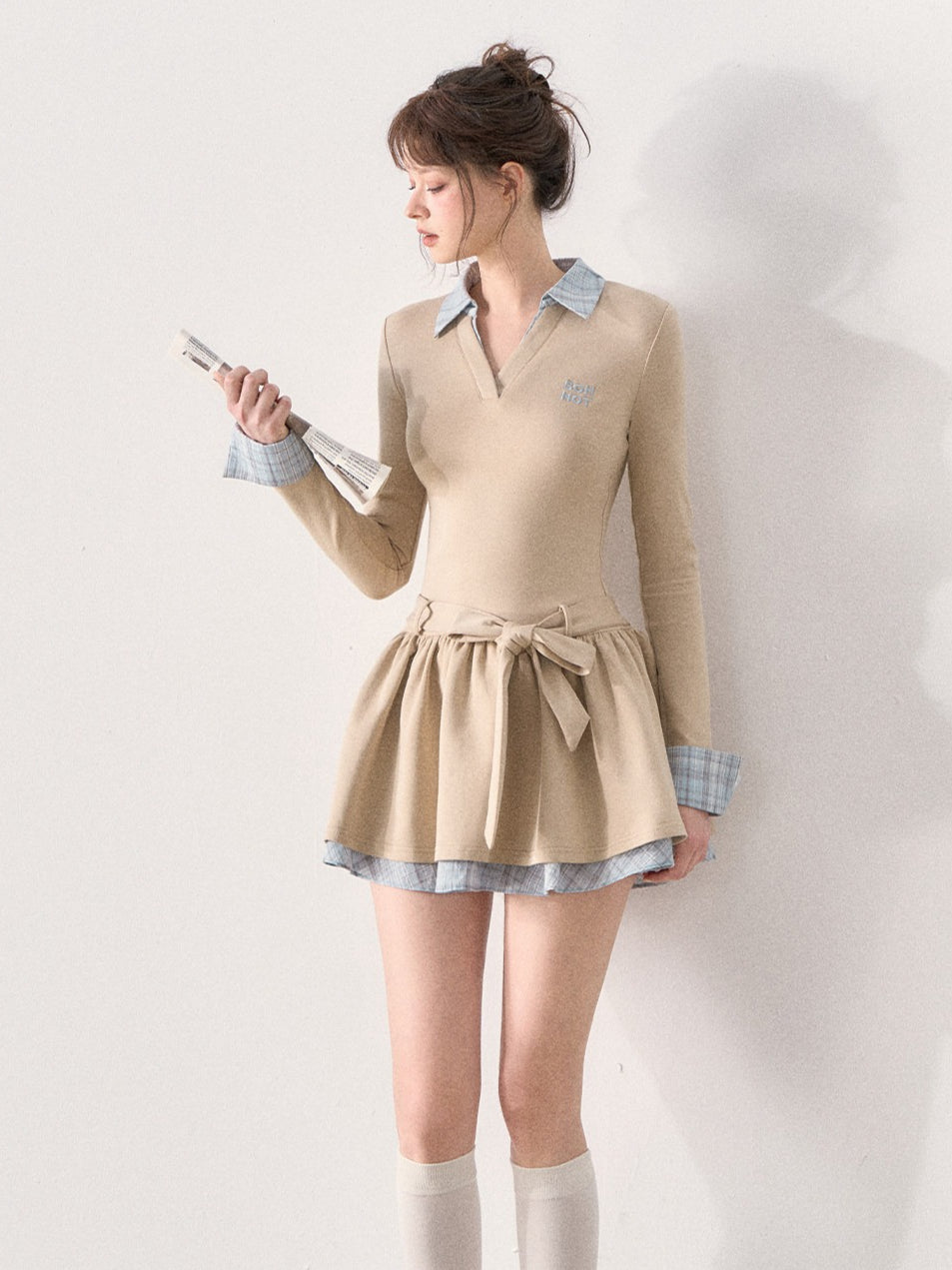 [TMMG] Miu-Inspired Preppy Knit Dress with Plaid Layered Detail & Bow Waist Belt