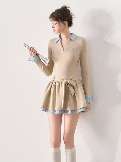 [TMMG] Miu-Inspired Preppy Knit Dress with Plaid Layered Detail & Bow Waist Belt