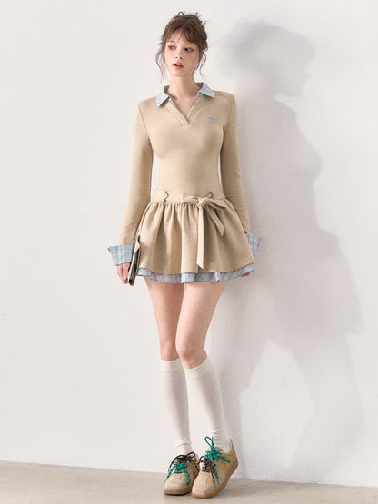 [TMMG] Miu-Inspired Preppy Knit Dress with Plaid Layered Detail & Bow Waist Belt