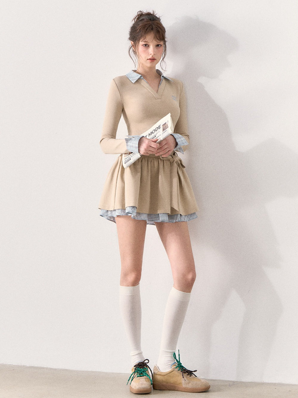 [TMMG] Miu-Inspired Preppy Knit Dress with Plaid Layered Detail & Bow Waist Belt