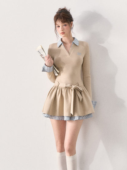 [TMMG] Miu-Inspired Preppy Knit Dress with Plaid Layered Detail & Bow Waist Belt