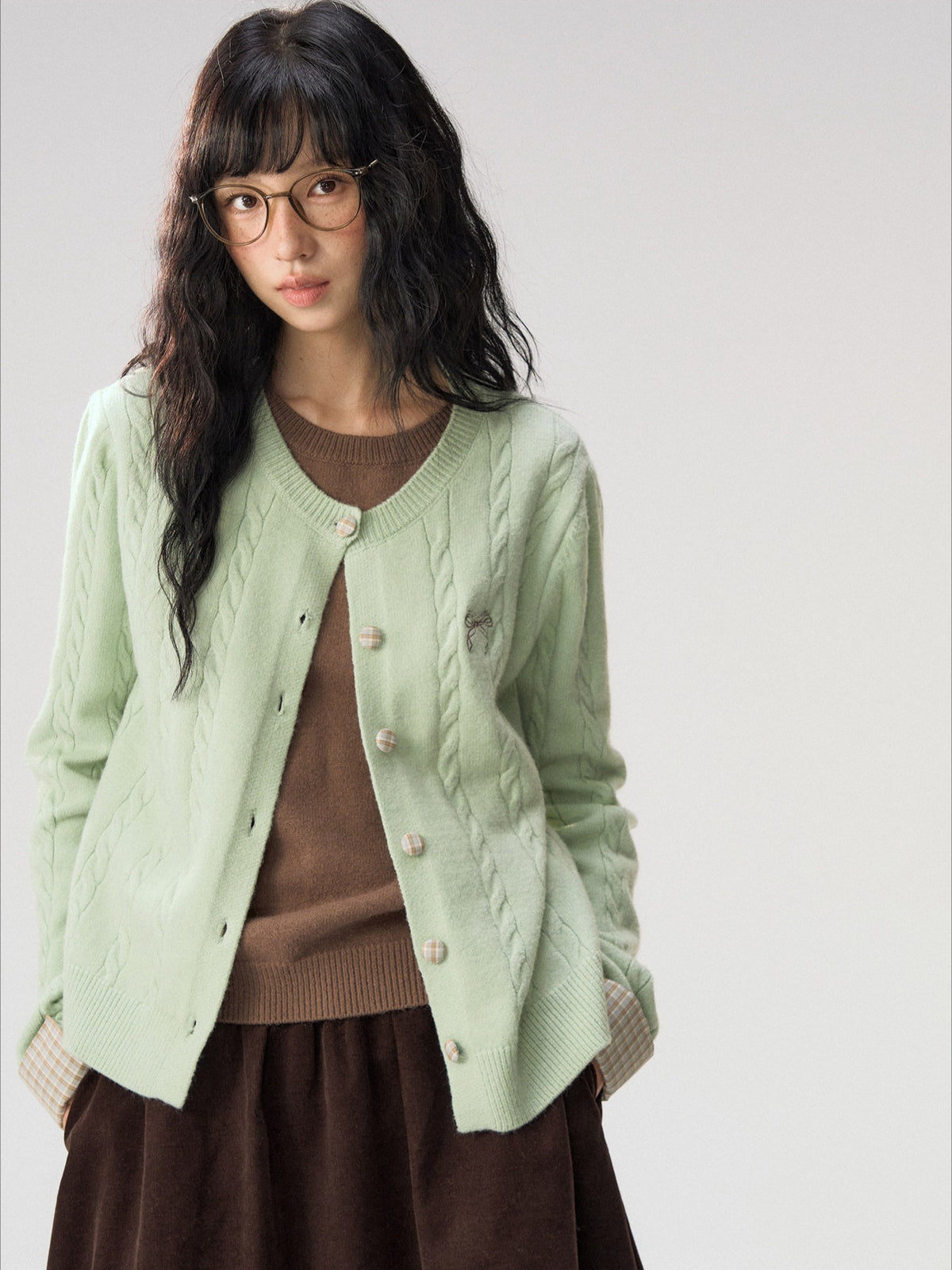 [CAN] "Autumn Letter" Bow Embroidered Faux-Layered Cable Knit Cardigan (Pink & White / Sage Green & Brown)