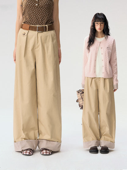 [CAN] "Strawberry Toast" Khaki Plaid Cuff Wide-Leg Pants