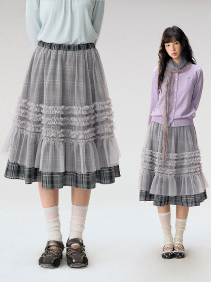 [CAN] "Gray Plaid Reverie" Gray Purple Plaid Mesh Layered Midi Skirt