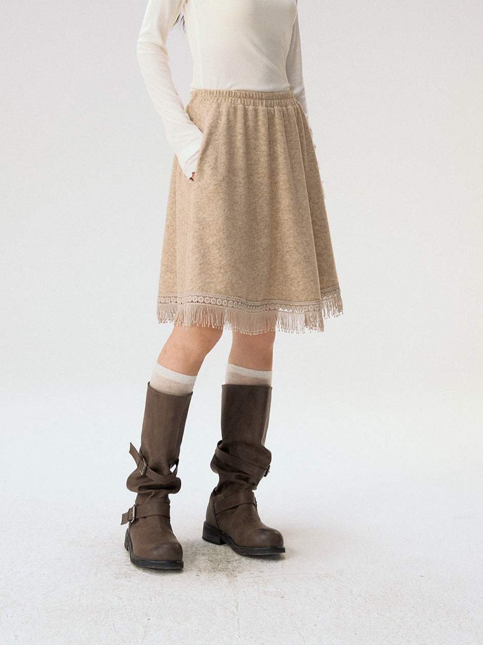 [CAN] "Dusky Floral Whispers" Blush & Chestnut Brown Set (Long Sleeve Top / Tassel Mini Skirt)