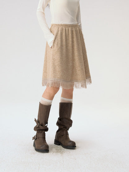 [CAN] "Dusky Floral Whispers" Blush & Chestnut Brown Set (Long Sleeve Top / Tassel Mini Skirt)