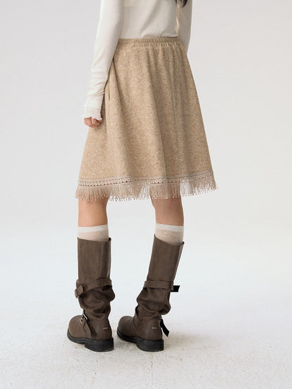 [CAN] "Dusky Floral Whispers" Blush & Chestnut Brown Set (Long Sleeve Top / Tassel Mini Skirt)