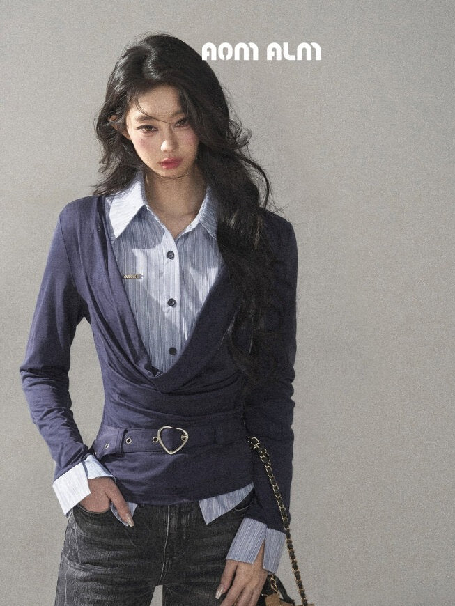 AOMALM - "Top of the Class" Navy & Black-Gray Striped Layered Long Sleeve Top (Navy / Black-Gray)