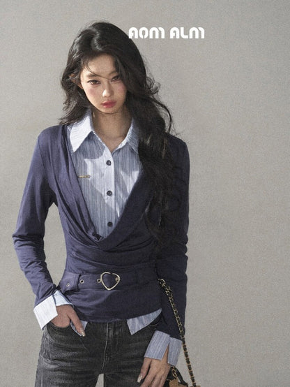 AOMALM - "Top of the Class" Navy & Black-Gray Striped Layered Long Sleeve Top (Navy / Black-Gray)