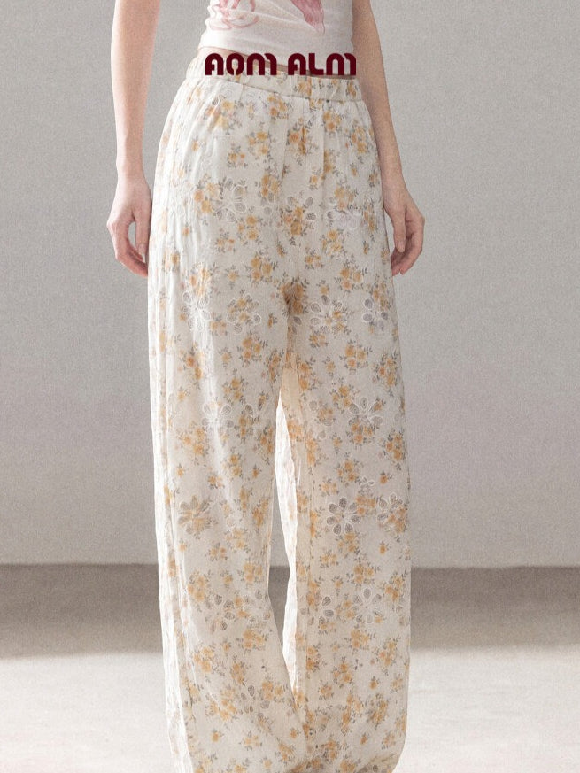 AOMALM - "A Cloud in Bloom" Primrose Yellow Floral Embroidered Lace Wide-Leg Pants