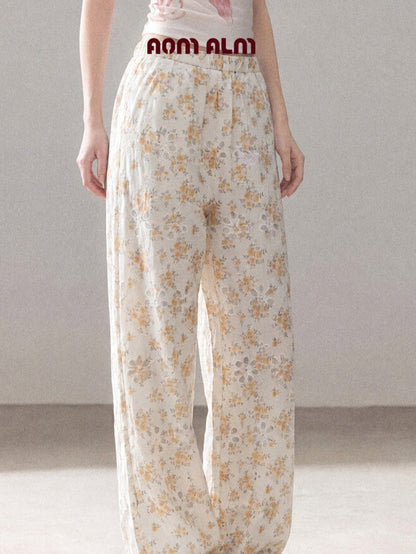 AOMALM - "A Cloud in Bloom" Primrose Yellow Floral Embroidered Lace Wide-Leg Pants