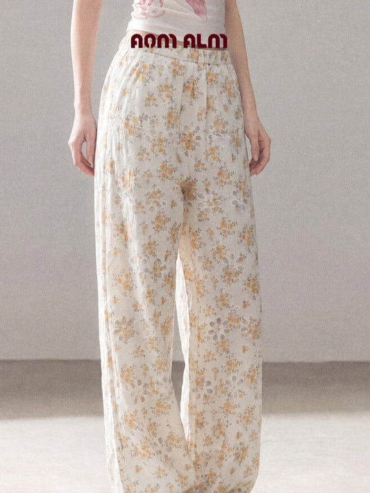 AOMALM - "A Cloud in Bloom" Primrose Yellow Floral Embroidered Lace Wide-Leg Pants