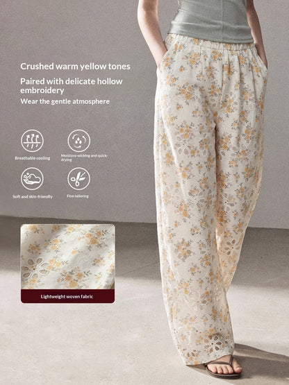 AOMALM - "A Cloud in Bloom" Primrose Yellow Floral Embroidered Lace Wide-Leg Pants
