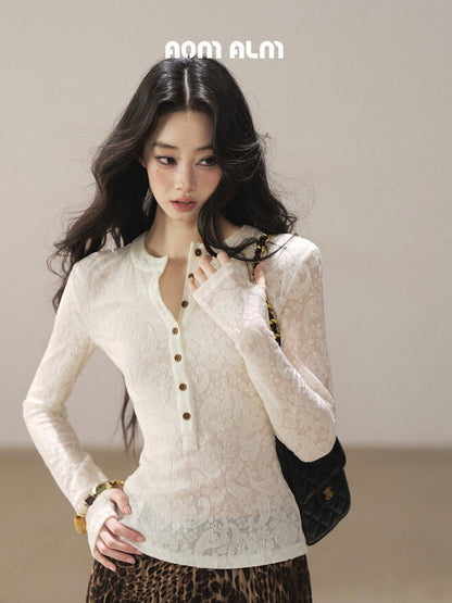 AOMALM - "Clear Lines" Long-Sleeve Finger-Hole Flared Sleeve Knit Top