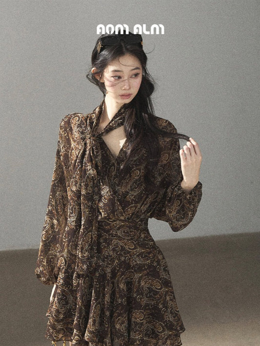 "Wait for a Tree of Blossoms" Cocoa Brown French Long-Sleeve Chiffon Dress (+ Camisole)