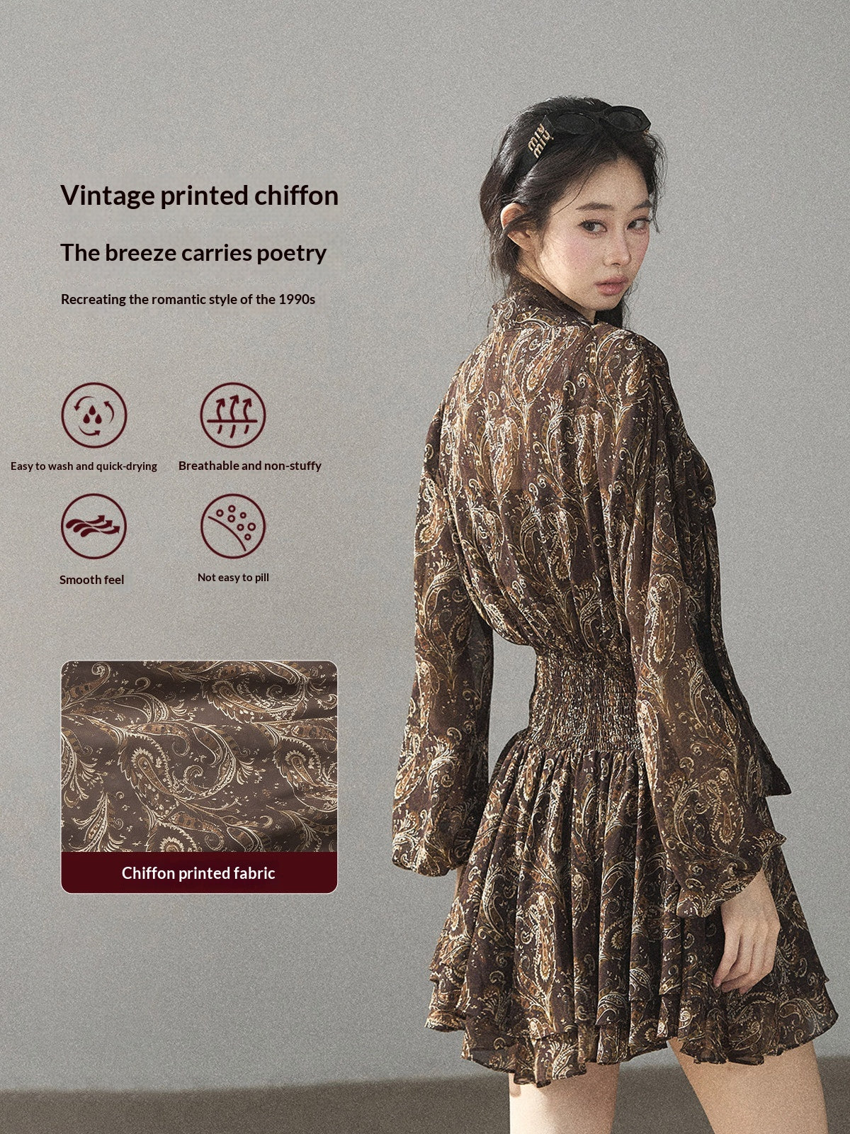 "Wait for a Tree of Blossoms" Cocoa Brown French Long-Sleeve Chiffon Dress (+ Camisole)