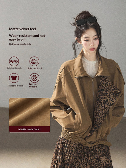AOMALM - “Acorn & Fallen Leaves” Korean Leopard Print Chestnut Brown Faux Suede Jacket