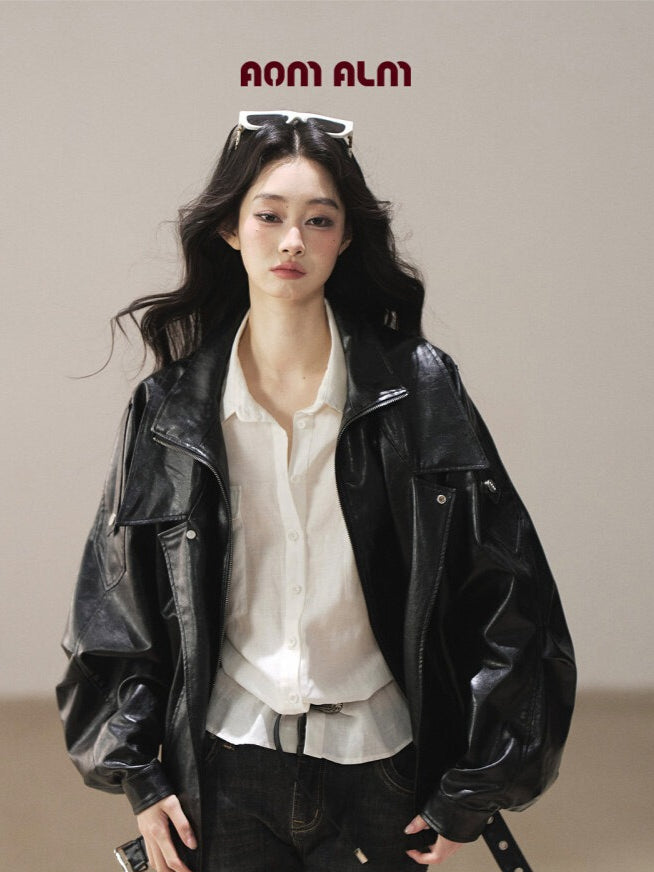 AOMALM - "Solo Journey" Quiet Black Oversized PU Moto Jacket